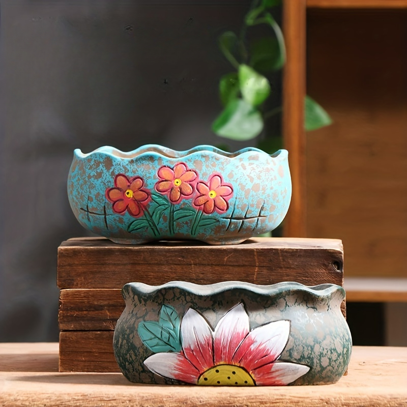Aloe Vera Pot - Vintage Hand-Painted Ceramic Succulent Planter Set
